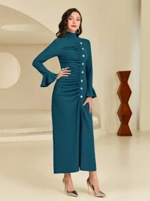 Modelyn Mock Neck Flounce Sleeve Ruched Button Front Dress - Teal Blue - View 4