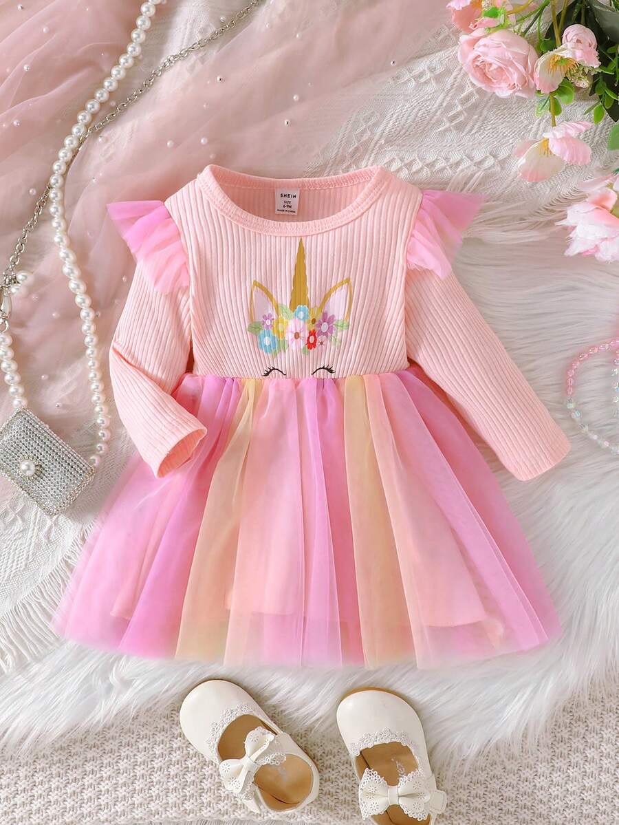SHEIN 寶寶女孩可愛獨角獸紋長袖網紗連衣裙 - 粉色 - 查看 1