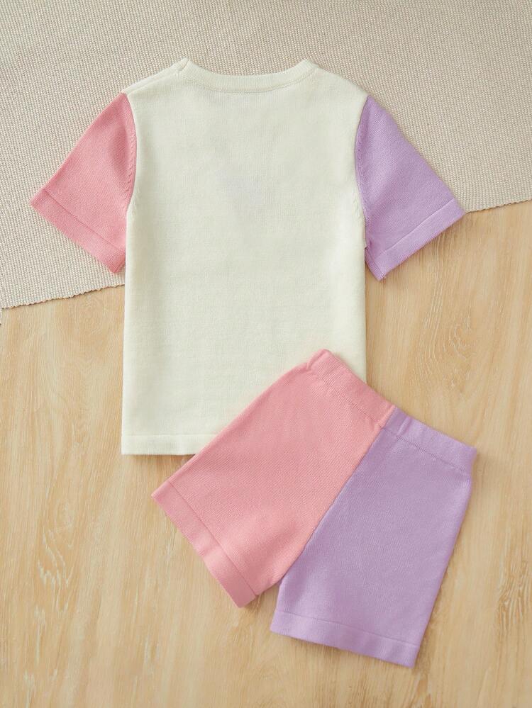 Girls' Contrast Color Heart Pattern Knitted Sweater And Shorts