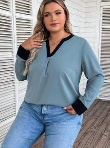 EMERY ROSE Plus Contrast Trim Notched Neckline Blouse - Green - View 5