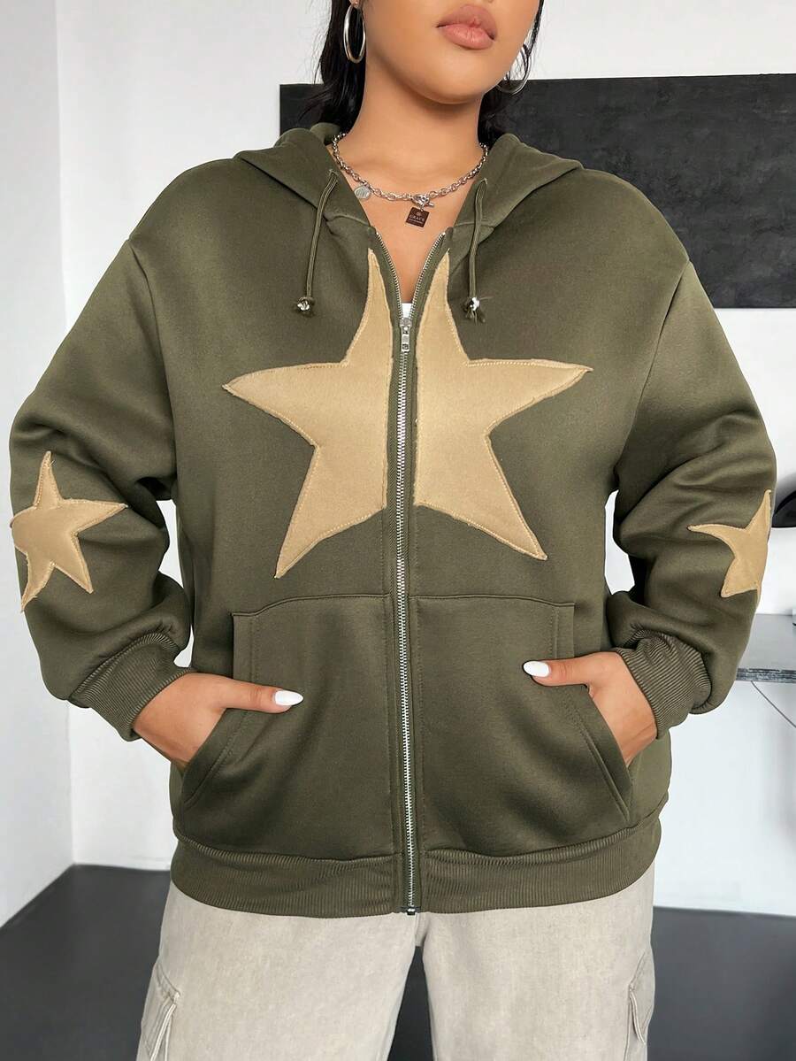 SHEIN EZwear 加大码星形印花拉链抽绳卫衣 - 軍綠色 - 查看 1