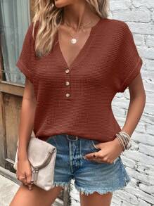 SHEIN LUNE 純色深v領短袖t卹 - 鏽棕色 - 查看 3