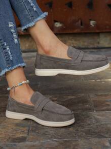 Women's Slip-on Loafers, Gray Formal Shoes With Open Top Strap Decoration, Flat Heel
