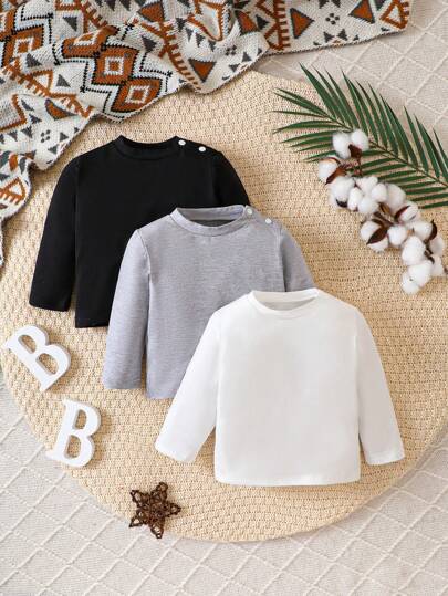 新生兒基礎款鈕扣不對稱前開口嬰兒上衣,適合分層穿搭