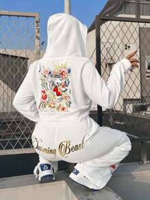 SHEIN EZwear Plus Floral & Tiger Zip Up Hoodie & Sweatpants - White - View 1
