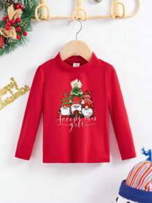 SHEIN Niñas Camiseta con patrón de Navidad adecuado para primavera con otoño - Rojo - Ver 1