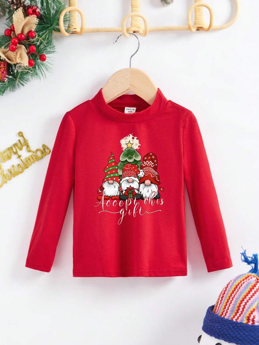 SHEIN Niñas Camiseta con patrón de Navidad adecuado para primavera con otoño - Rojo - Ver 1