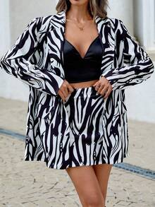 SHEIN Privé 斑馬條紋印花西裝外套和短褲(無胸罩) - 彩色 - 查看 6