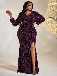 Women's Glittering Long Sleeve Bodycon Evening Dress - Purple - View 1