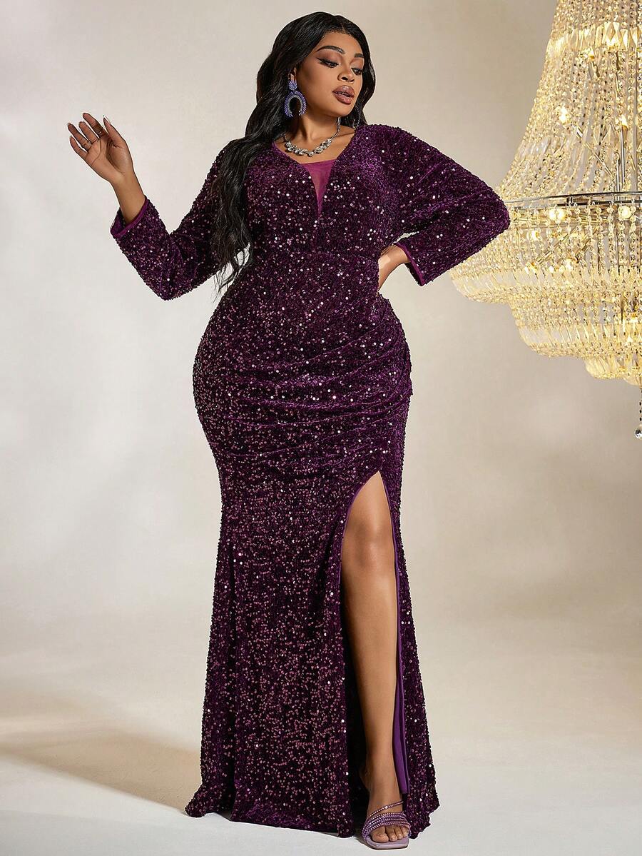 Women's Glittering Long Sleeve Bodycon Evening Dress - Purple - View 1