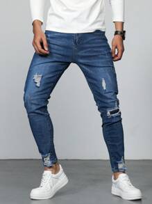Manfinity LEGND Men's Ripped Casual Slim Fit Jeans With Tapered Leg