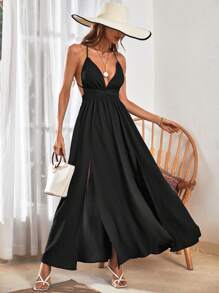 Breezaya Vestido Longo Maxí de Cor Sólida, sem Mangas, com Decote em V Profundo, Costas Cruzadas, Fenda Alta, Roupas de Férias e Praia para Mulheres - Preto - Visão 6