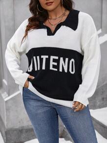 Calvaya Plus Size Letter Print Pullover Sweater Knit Pullover Fall Winter Outfit