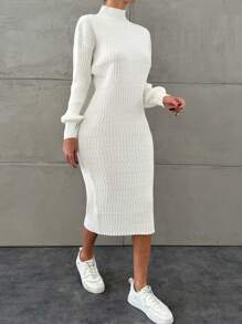 EURMUSE Cable Knit High Neck Sweater Dress Without Waist Belt - White - View 3