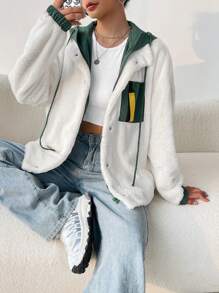 Muchica 鈕扣和拉鍊前設計的羊毛毛皮連帽外套,側口袋設計 - 白色 - 查看 6