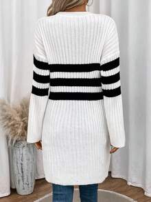 SHEIN LUNE 女款開衩下擺長條紋毛衣 - 白色 - 查看 2