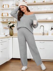 Calvaya Hơn Thả vai Áo len & Quần dệt kim - Xám - Xem 6