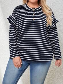 SHEIN LUNE Plus Striped Print Ruffle Trim Drop Shoulder Tee - Navy Blue - View 4