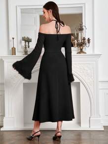 Modelyn Women's Off Shoulder Furry Sleeve Cuff Bodycon Dress - Black - View 2
