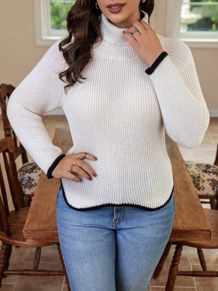 Plus Contrast Trim Turtleneck Raglan Sleeve Sweater Knit Pullover Fall Winter Sweater