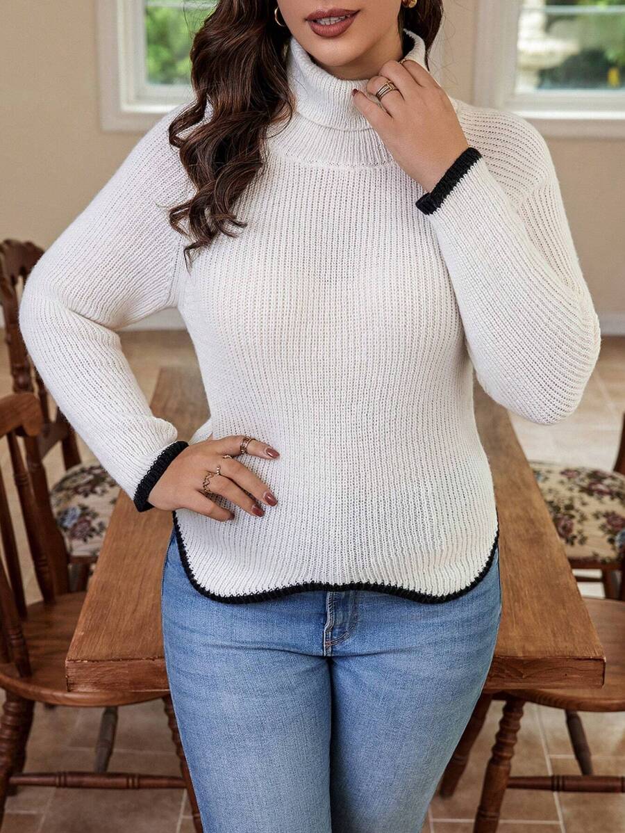 Calvaya Áo len cổ cao tay raglan viền tương phản, kiểu dáng chui đầu, thích hợp cho mùa thu đông. - Màu be - Xem 1