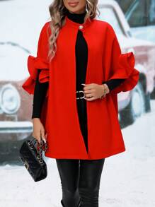 SHEIN LUNE 女士單排釦荷葉袖羊毛外套 - 紅色 - 查看 1