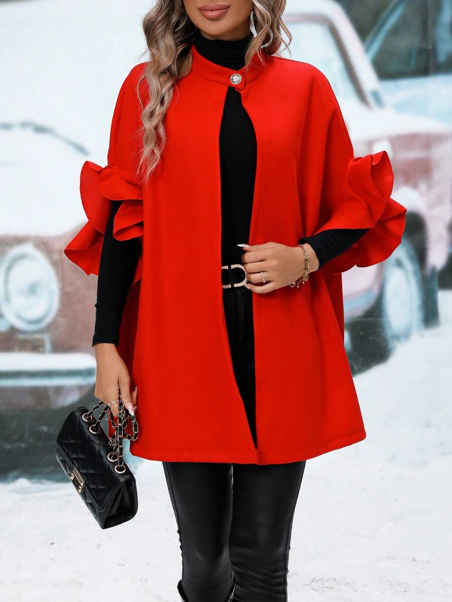 SHEIN LUNE 女士單排釦荷葉袖羊毛外套 - 紅色 - 查看 1