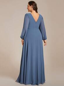 EVERPRETTY Plus Size Elegant Chiffon Long Sleeve V-Neck Rhinestone Decor Bridesmaid Evening Gown - Dusty Blue - View 2