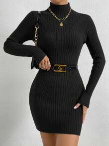 SHEIN Privé 女士立領修身毛衣連身裙 - 黑色 - 查看 5