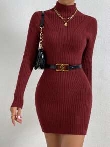 SHEIN Privé 女式立領修身毛衣洋裝 - 酒紅色 - 查看 1