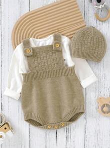嬰兒男童針織背帶連體衣 - 卡其色 - 查看 1