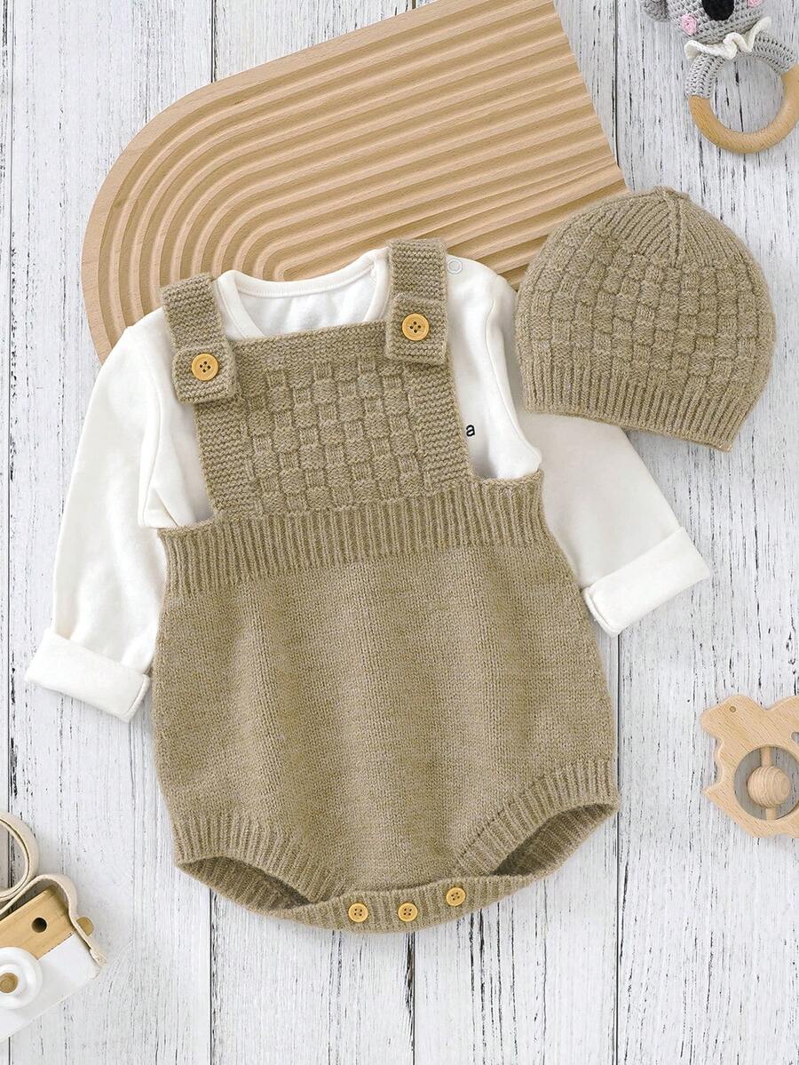 嬰兒男童針織背帶連體衣 - 卡其色 - 查看 1