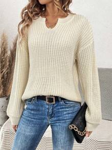 SHEIN LUNE Solid Color Notched Neckline Drop Shoulder Knit Pullover Fall Winter Sweater - Apricot - View 5
