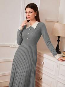 Modelyn Knit Button Decorated Ribbed Collar Long Sleeve Sweater Dress - Grey - View 3