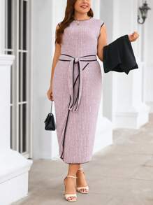 SHEIN Privé 大碼撞色滾邊繫腰帶洋裝 - 淡紫色 - 查看 3