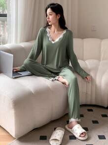 Women's Pajama Set, Back To School Clothes, Fall Winter Clothes - Green - View 5