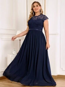 MIUSOL Plus Size Contrast Color Lace Chiffon Evening Party Long Formal Dress - Navy Blue - View 3
