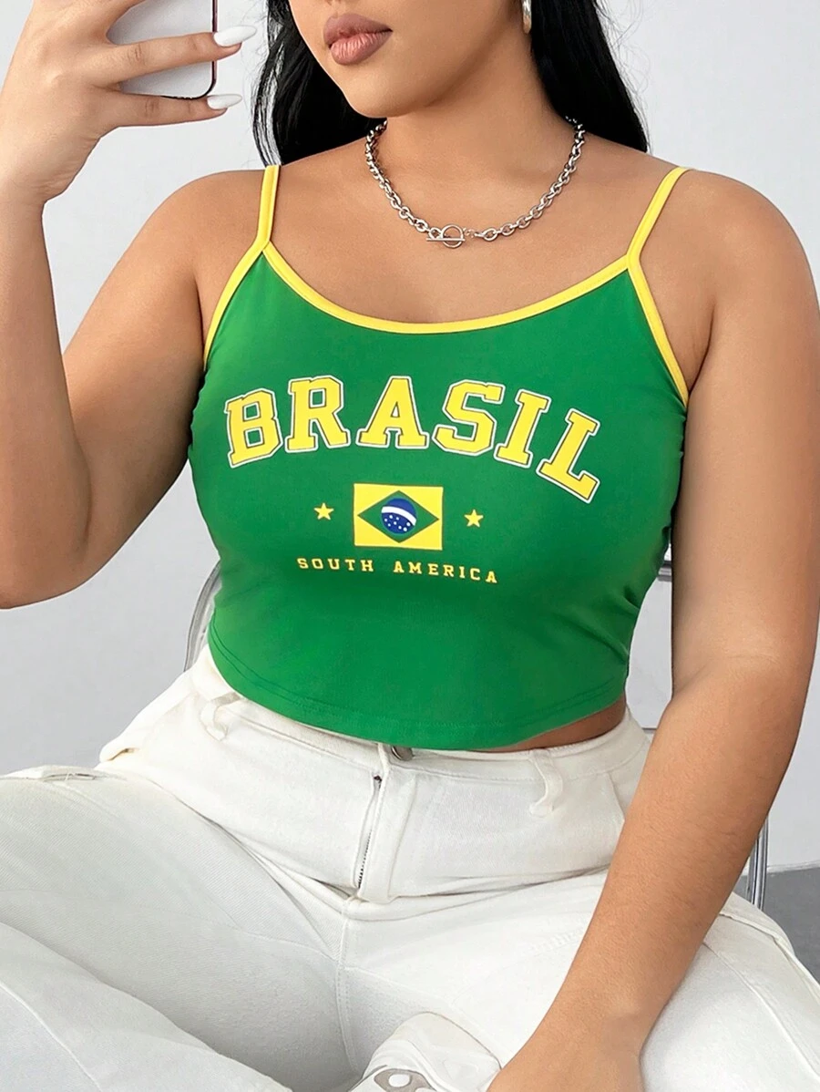 SHEIN CURVE+ Women's St Patrick Green Spring Break Plus Size Brazil Flag & Letter Pattern Cami Top - Multicolor - View 1