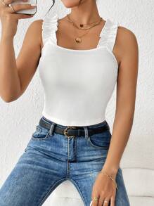 SHEIN Essnce Solid Frill Trim Wide Straps Top - White - View 3