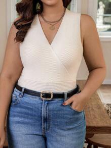 Calvaya Plus Surplice Neck Ribbed Knit Top - Apricot - View 4