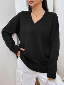 SHEIN Unity V領滑肩純色毛衣 - 卡其色 - 查看 3