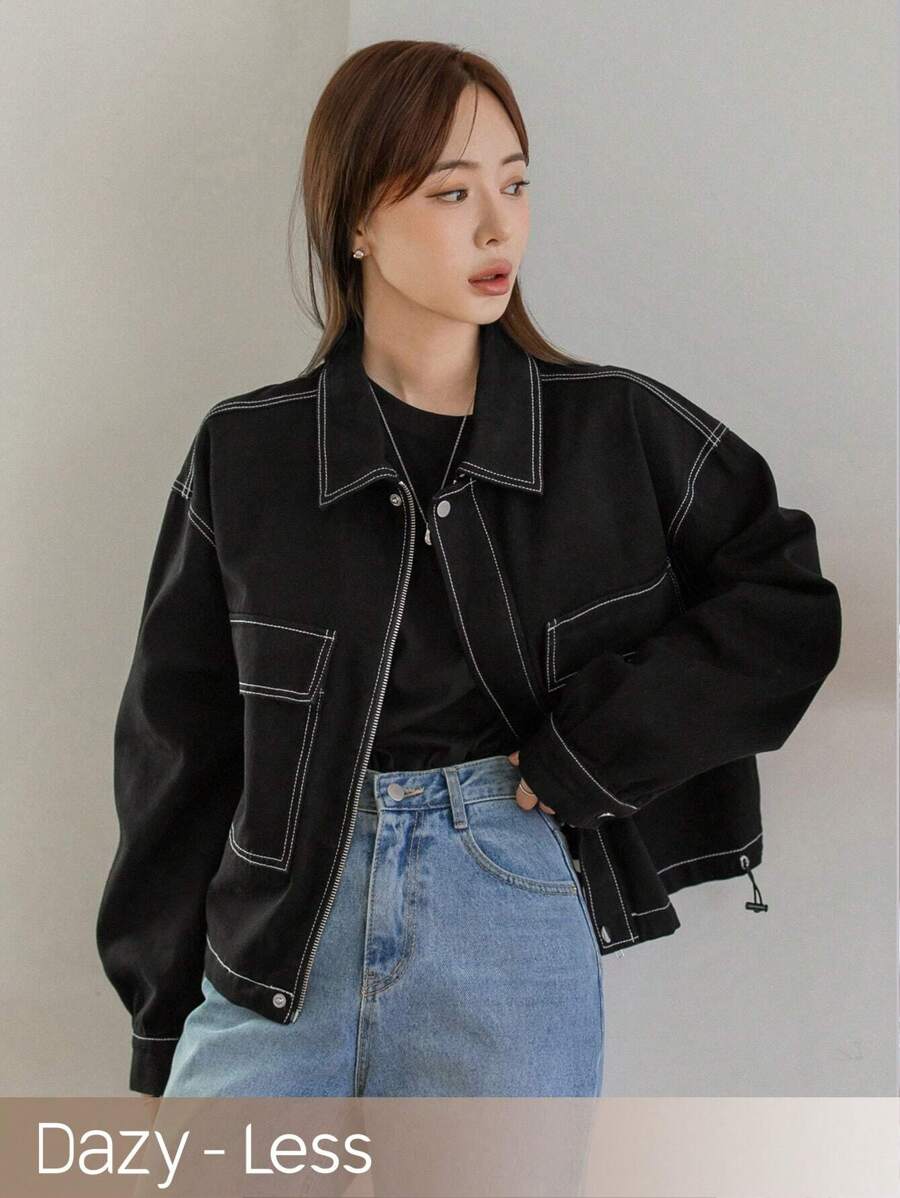 Dazy-Less Stitching Design Turn-Down Collar Denim Jacket Old Money Style,Fall Clothes