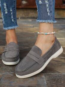 Women's Slip-on Loafers, Gray Formal Shoes With Open Top Strap Decoration, Flat Heel