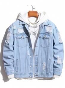 Manfinity Homme 男士简约休闲宽松牛仔夹克，浅蓝色夹克，适合男友礼物，秋季 - 淺色水洗藍 - 查看 1