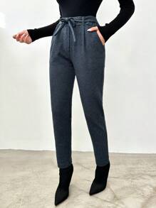 SHEIN Cottnline Ladies' Check Design Tie Waist Long Pants - Black - View 4