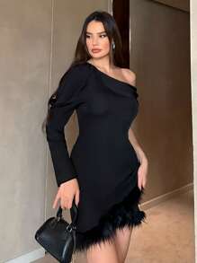 Firerie 黑色不對稱羊腿袖垂墜羽毛迷你連衣裙 - 黑色 - 查看 4