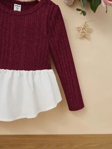 SHEIN Young Girl Two Tone Peplum Tee - Red - View 3