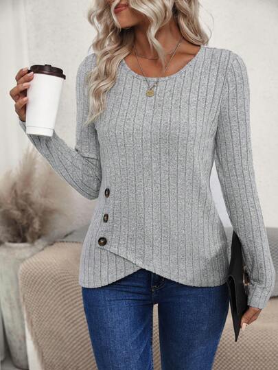 EMERY ROSE 女式纽扣细节不对称下摆T恤秋季布料