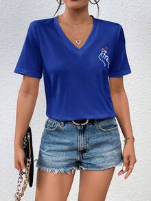 SHEIN Frenchy Tim & Tay Mẫu Cổ v Áo thun - Màu xanh lam - Xem 6