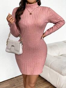 SHEIN Frenchy 肋紋短高領純色修身針織衫裙,大碼 - 西瓜粉 - 查看 4
